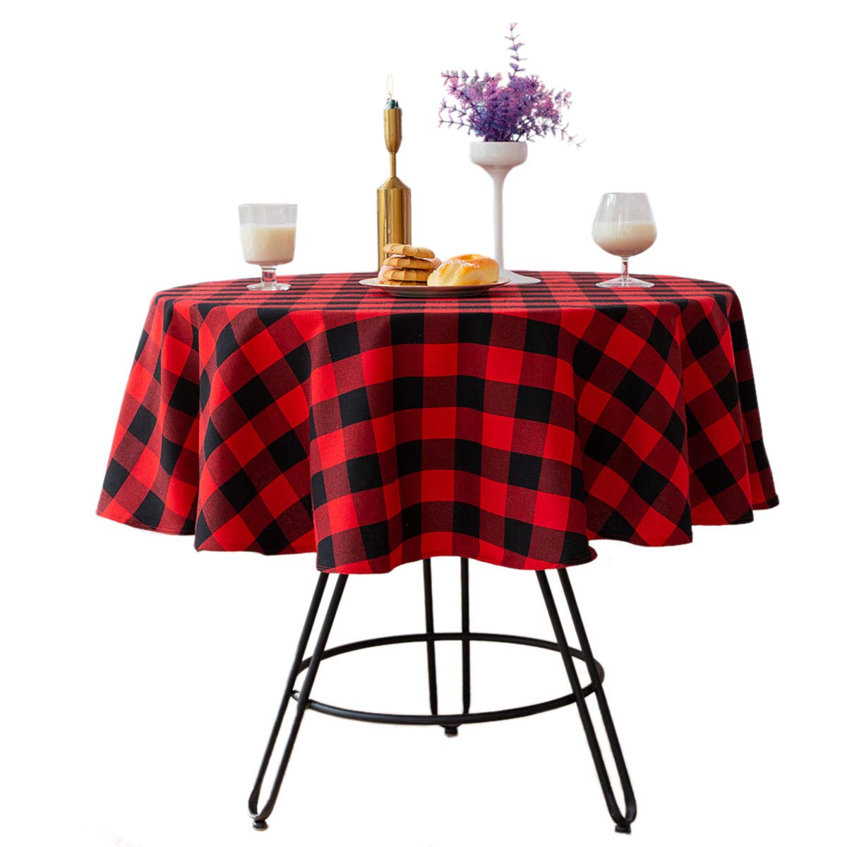 HUOZHI buffalo plaid round tablecloth 55 inch red and black for festive dining.