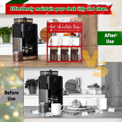 Engraved 'Hot Chocolate Bar — Warm Up Here' adds kitchen charm.
