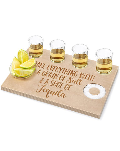 Huray Rayho tequila shot board serving tray with built-in glasses holder for party setups.