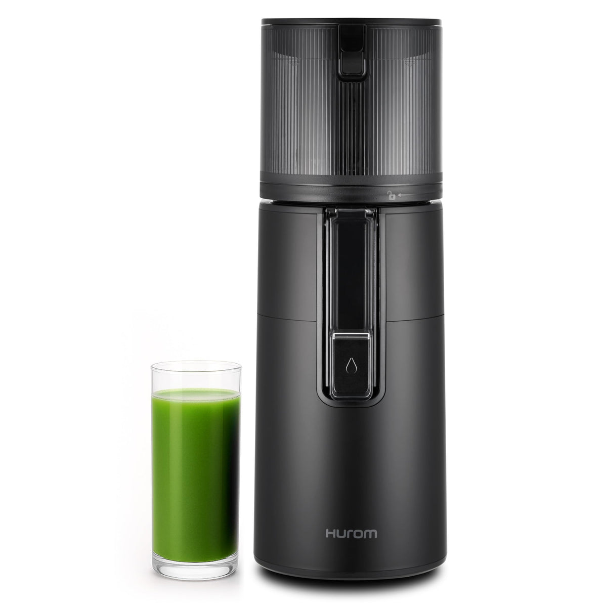 Hurom H400 matte black front view showing compact design for easy countertop fit