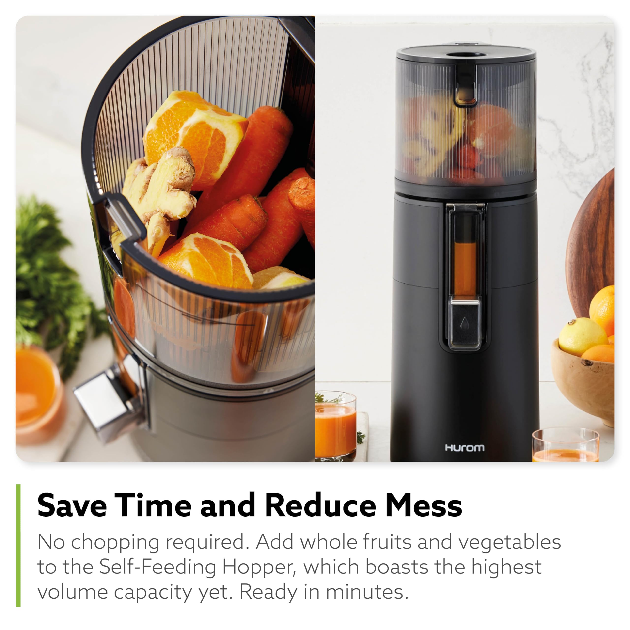 Hurom H400 wide mouth opening makes loading produce effortless