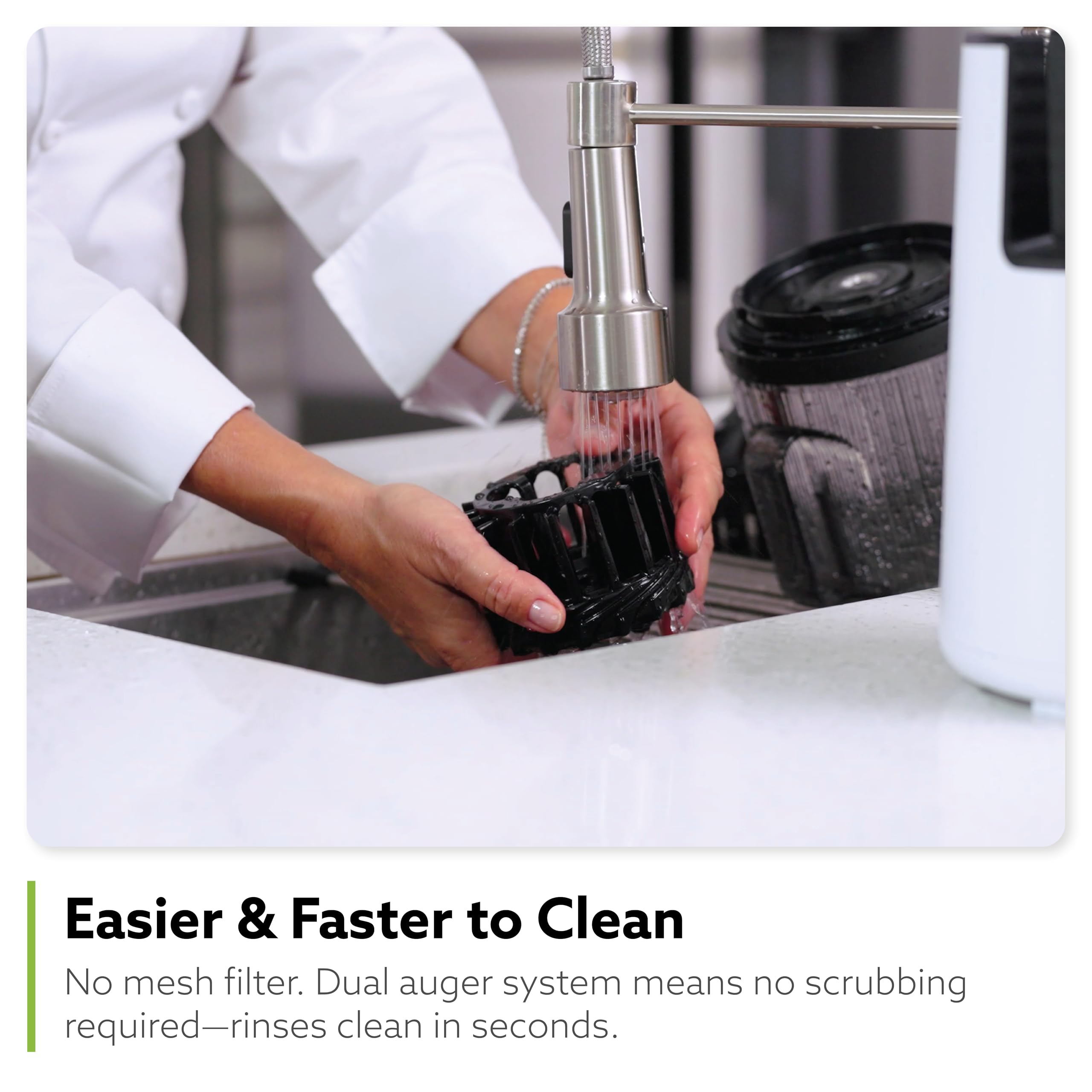 Hurom H70 wide-mouth hopper enables faster ingredient loading during juicing.