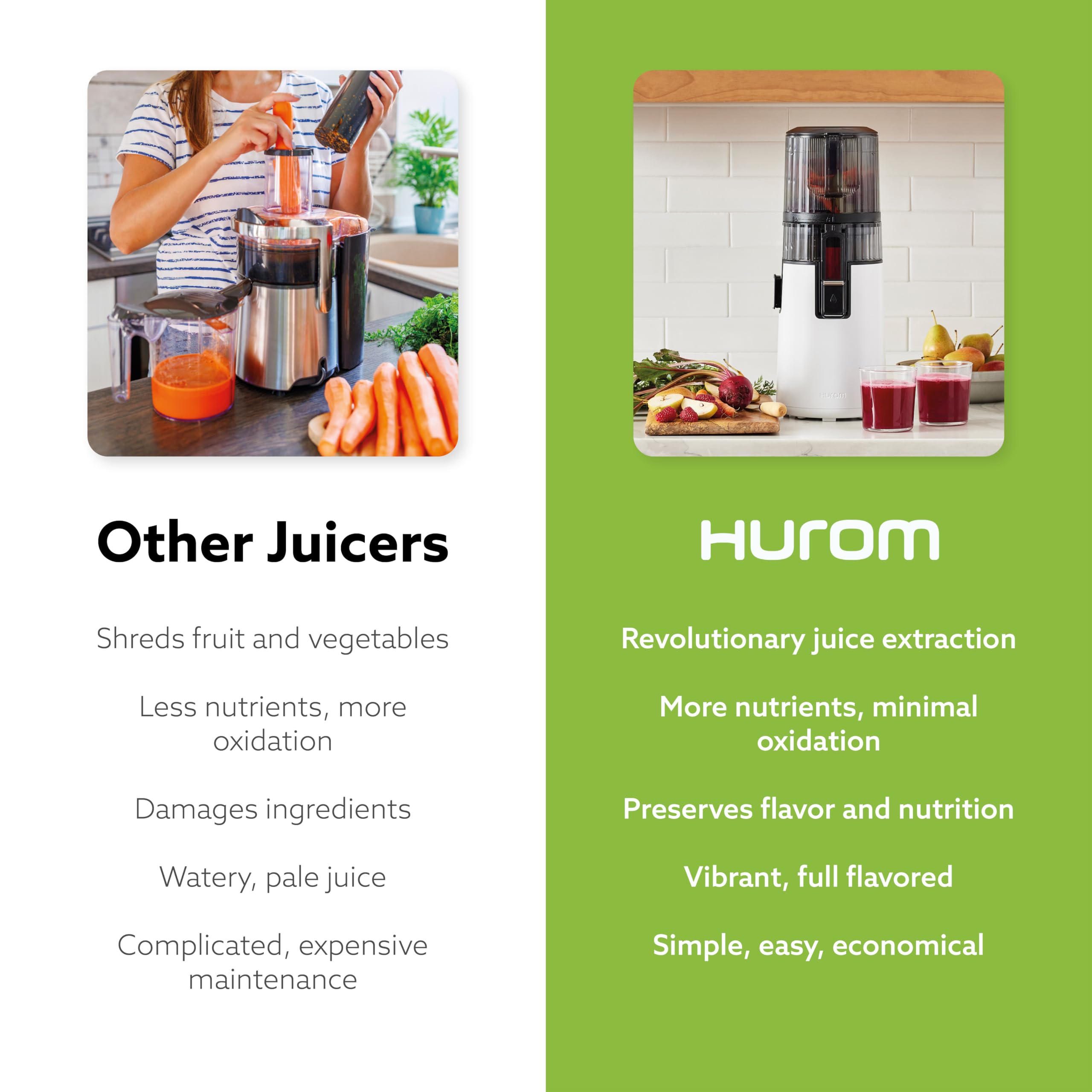Hurom H70 self-feeding hopper maintains steady juice flow with less prep.