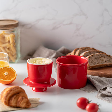 Husfunov butter crock close-up shows soft butter for effortless spreading.