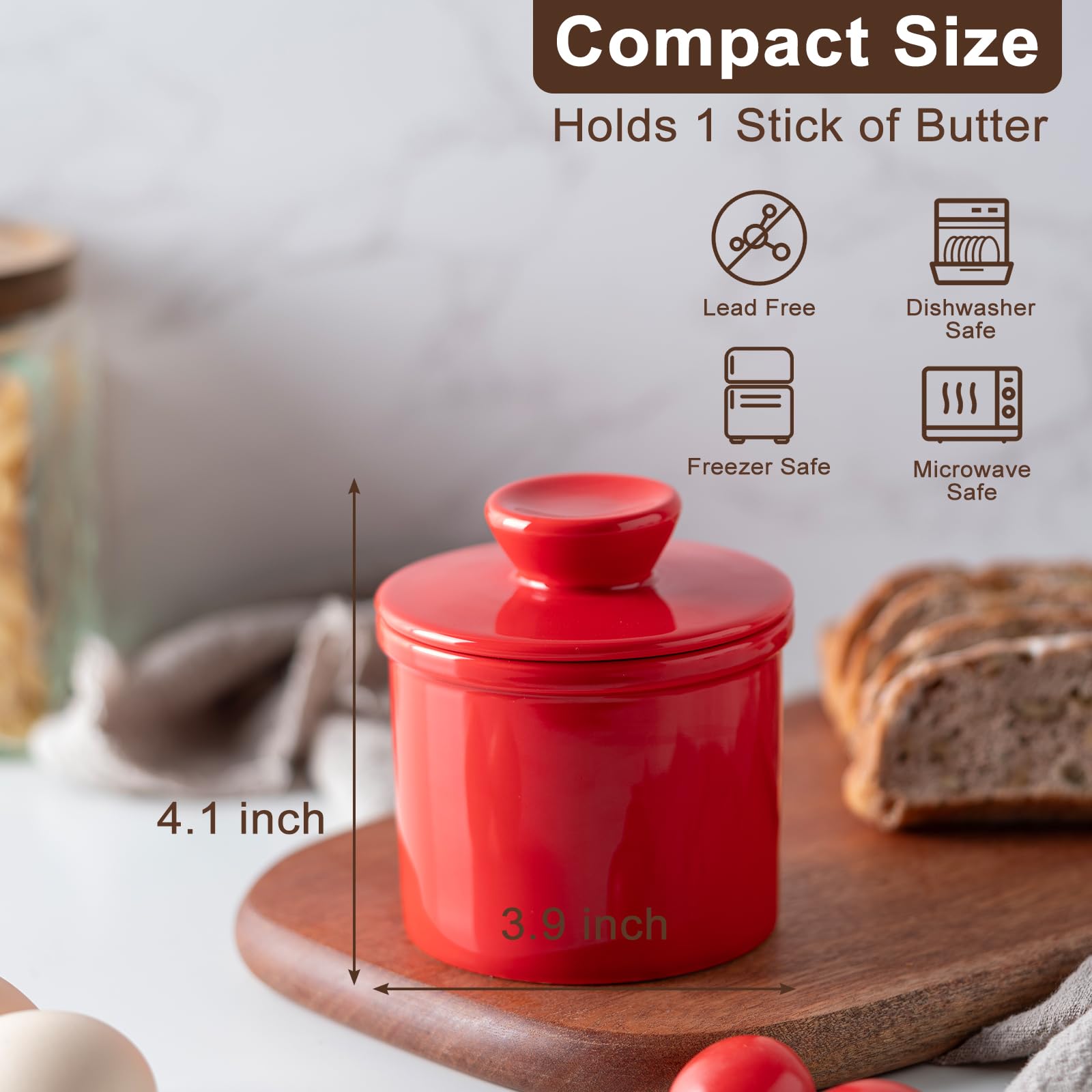 Husfunov butter crock enhances kitchen decor with color options.