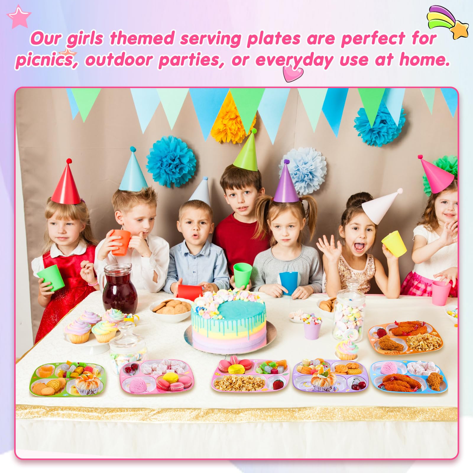 Hushee six-piece divided plate set offers durable, reusable dinnerware.