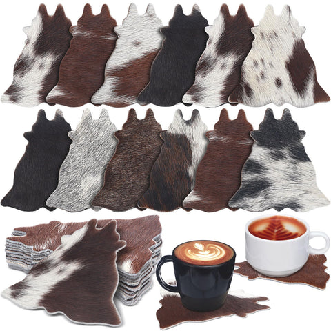 Hushee cowhide coaster, round brown-white pattern, protects surfaces with rustic charm.