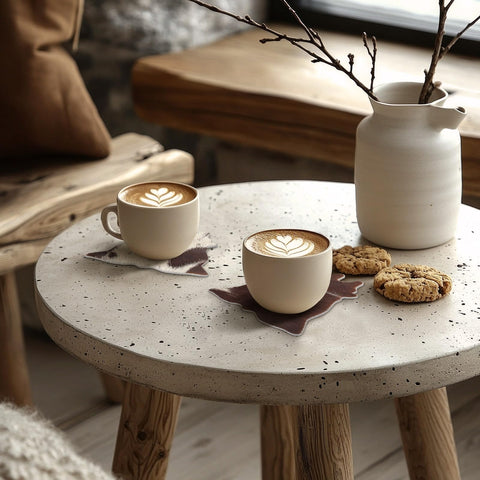 Hushee cowhide coaster showcases a one-of-a-kind pattern with centered stitching.