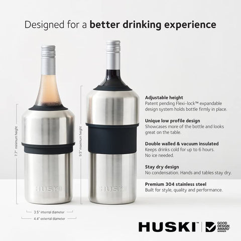 Huski wine chiller double-walled stainless steel highlights premium insulation.