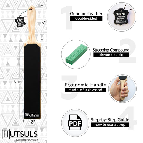 Hutsuls leather strop paddle with ergonomic handle for comfortable sharpening control