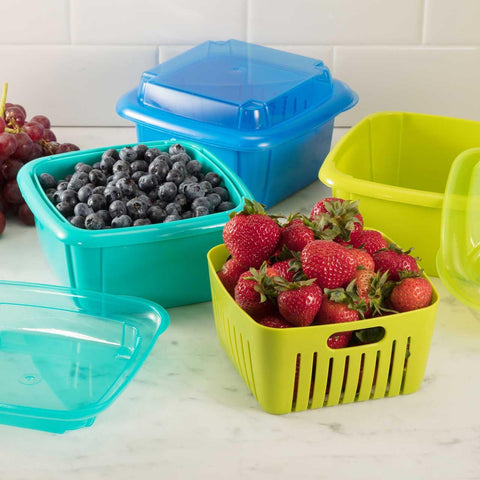 Hutzler Berry Keeper with lid on container for easy fridge storage.