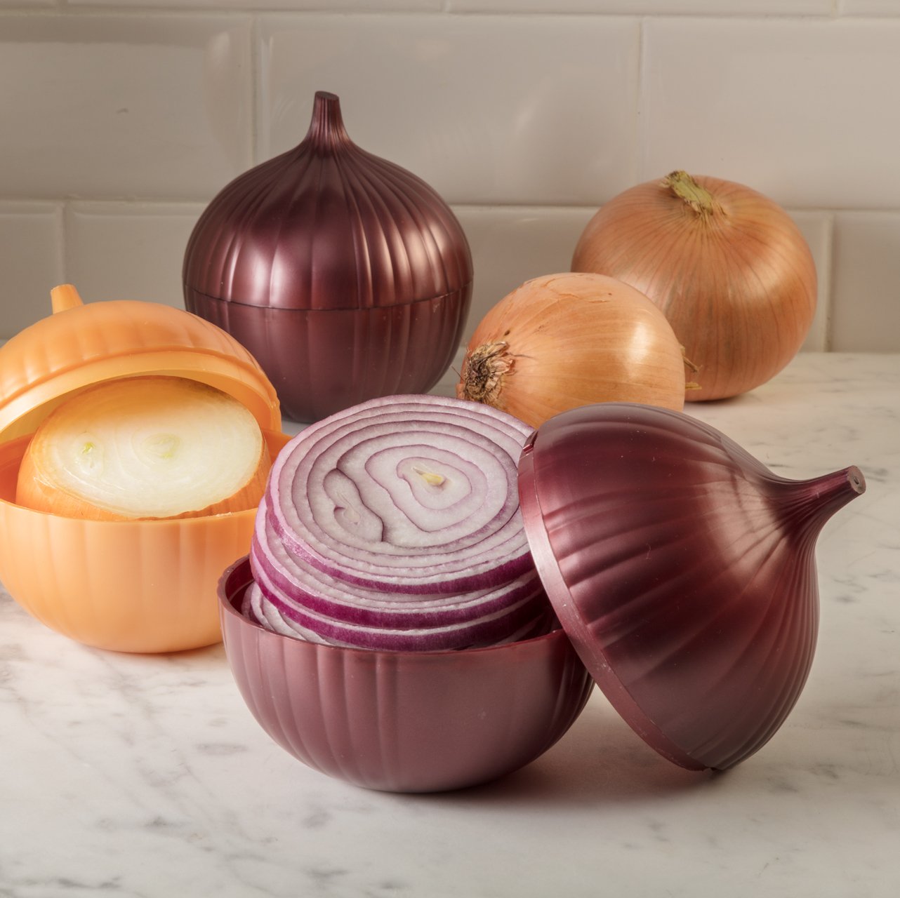 Hutzler Classic Onion Saver used as serving piece for toppings