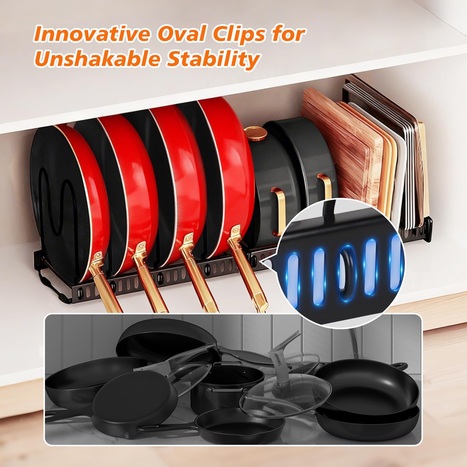 HuuDraLono declutters pots, lids, and baking sheets for easy reach.