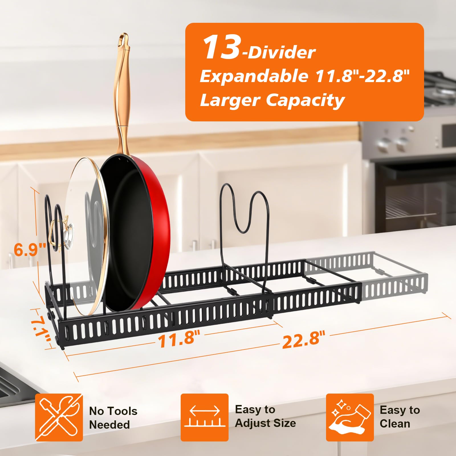 HuuDraLono expandable rack in two-in-one configuration for flexible pantry and cabinet setup.