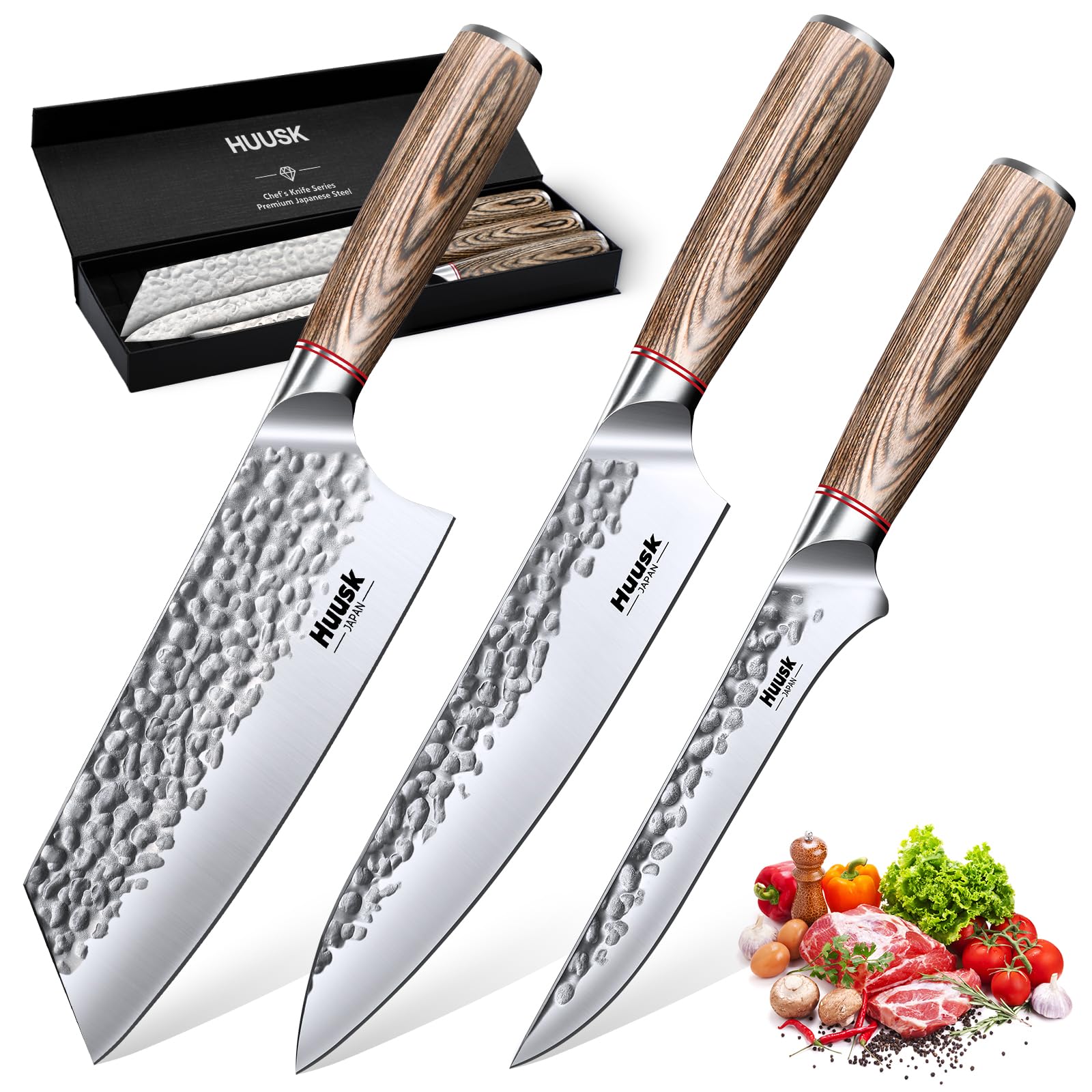 Huusk 3-piece kitchen knife set shown together for versatile prep and precise slicing