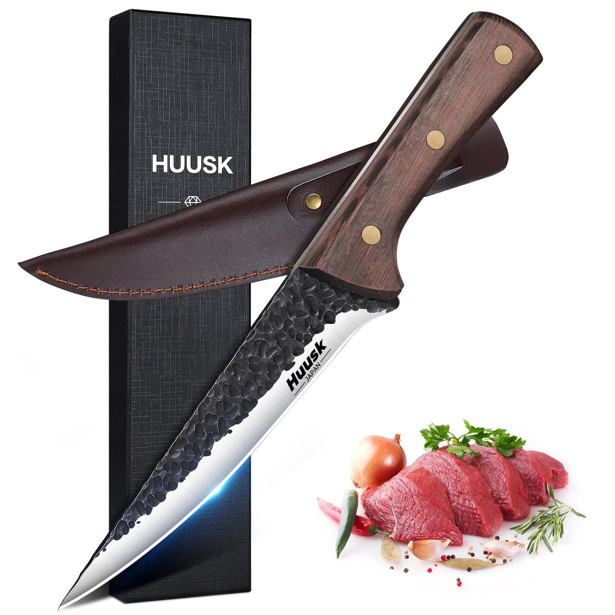 Huusk boning knife blade close-up shows a sharp edge for precise trimming.