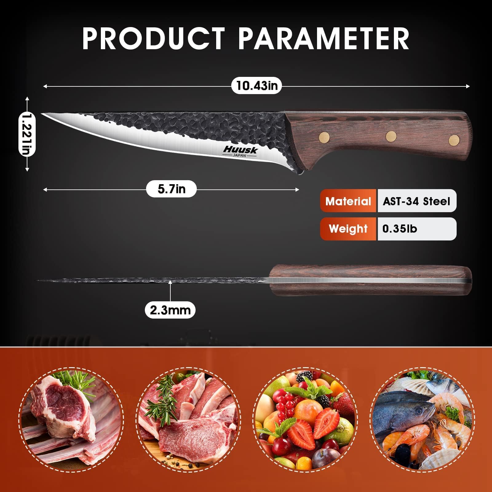 Huusk boning knife curved blade glides along bones with smooth guidance.