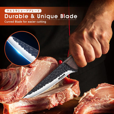 Huusk boning knife full tang handle provides durable grip for steady cutting.