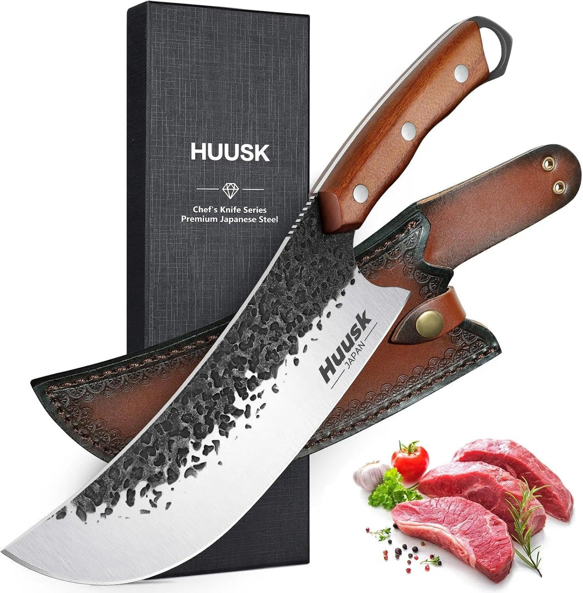 Huusk butcher knife with curved blade for smooth rocking cuts in meat prep