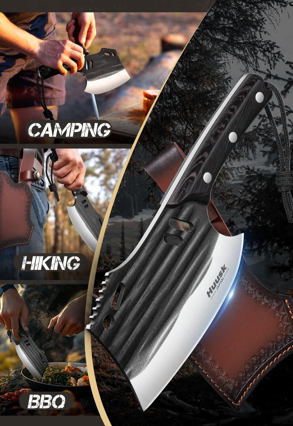 Huusk butcher knife ATS-34 steel maintains sharp edge through tough prep.