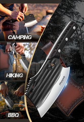 Huusk butcher knife ATS-34 steel maintains sharp edge through tough prep.