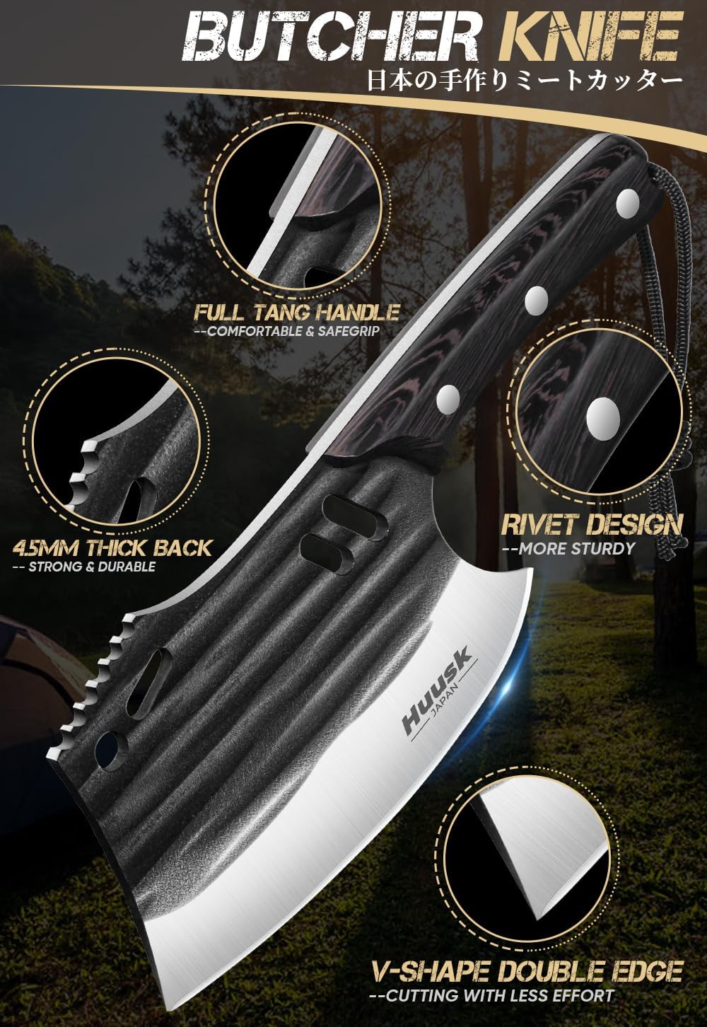 Huusk butcher knife ergonomic wooden handle offers comfortable grip and reduced fatigue.