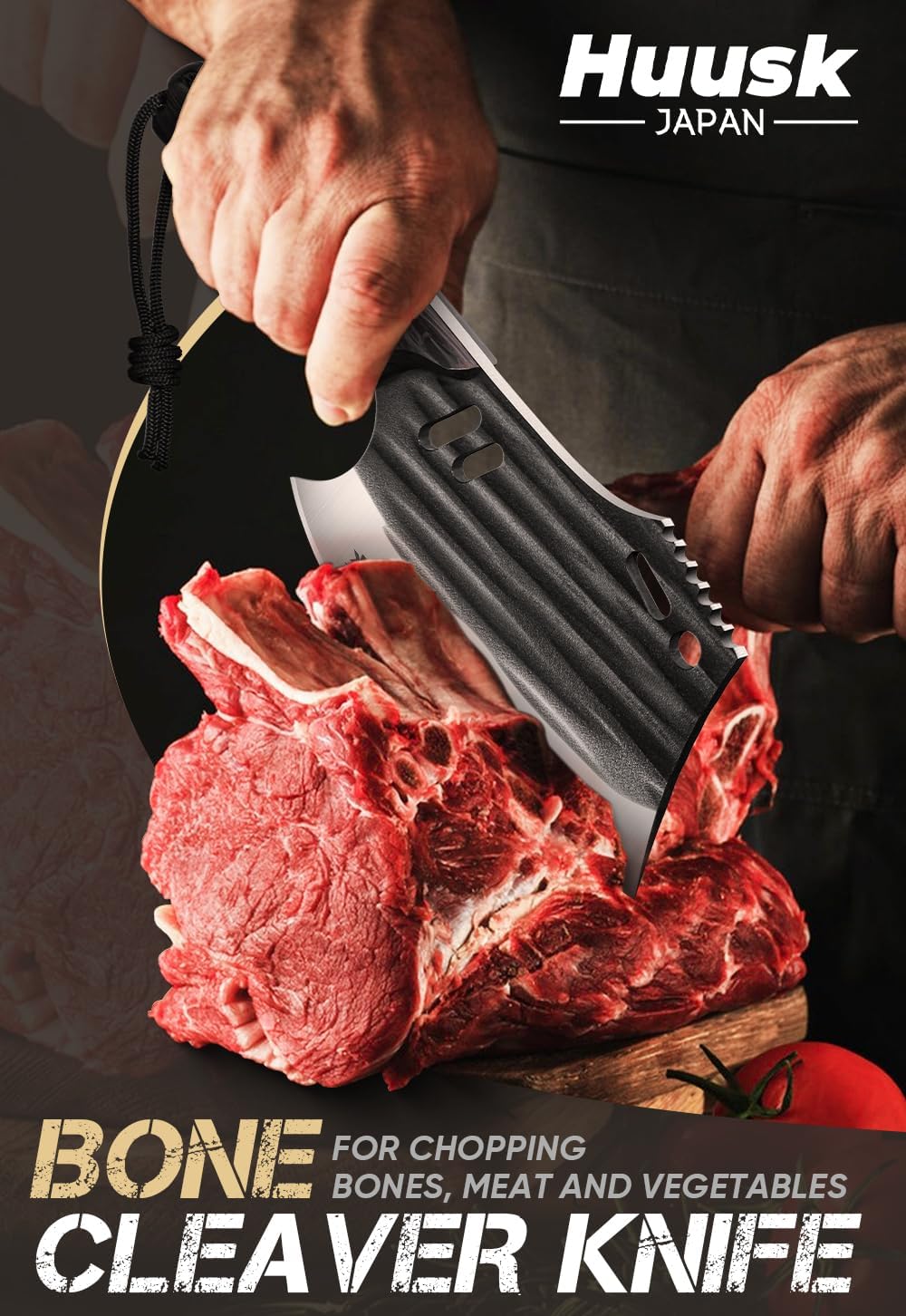 Huusk butcher knife full tang handle delivers stability for heavy-duty chopping.