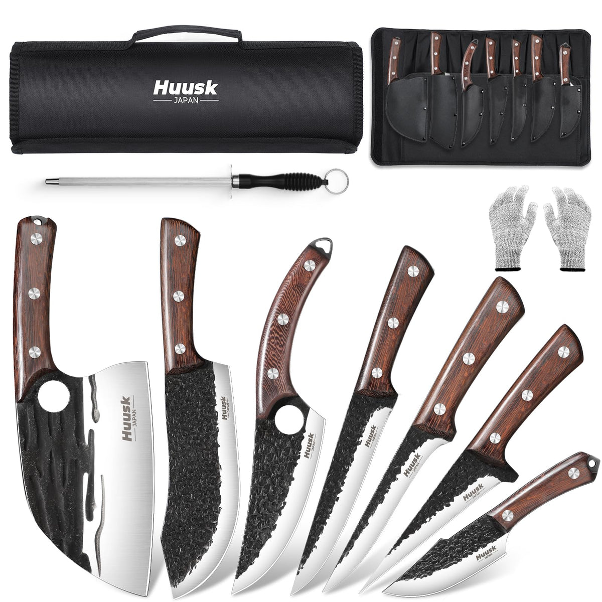 Huusk butcher knife set with roll bag for organized kitchen and camping prep.