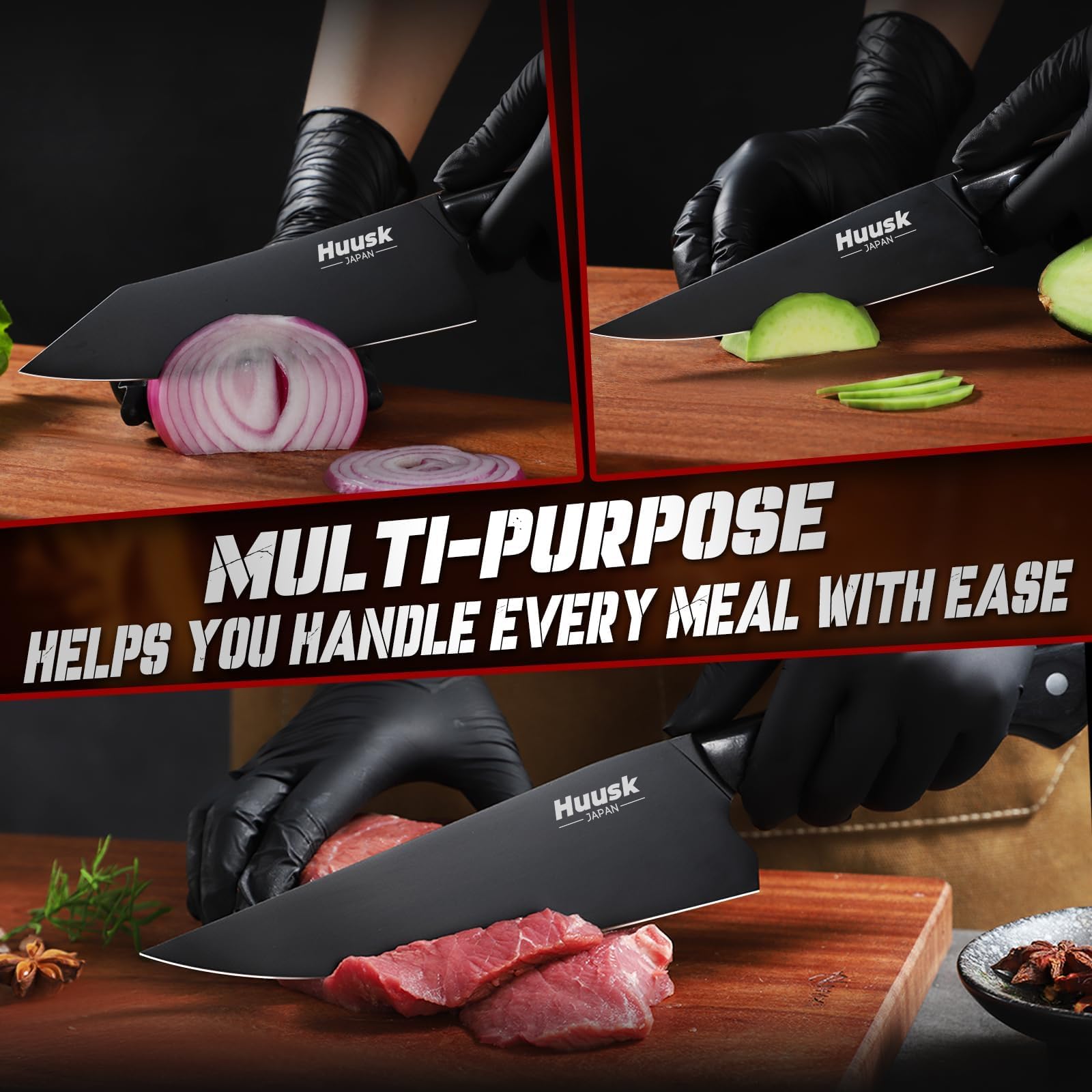 Huusk chef knife with black titanium coating highlighting durability and corrosion resistance.