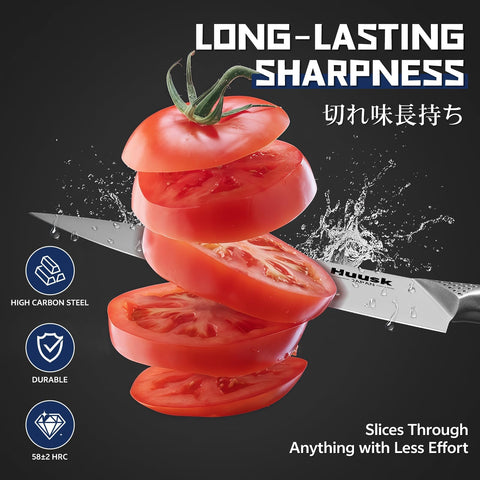 Huusk chef knife edge closeup highlighting sharp precision for cuts