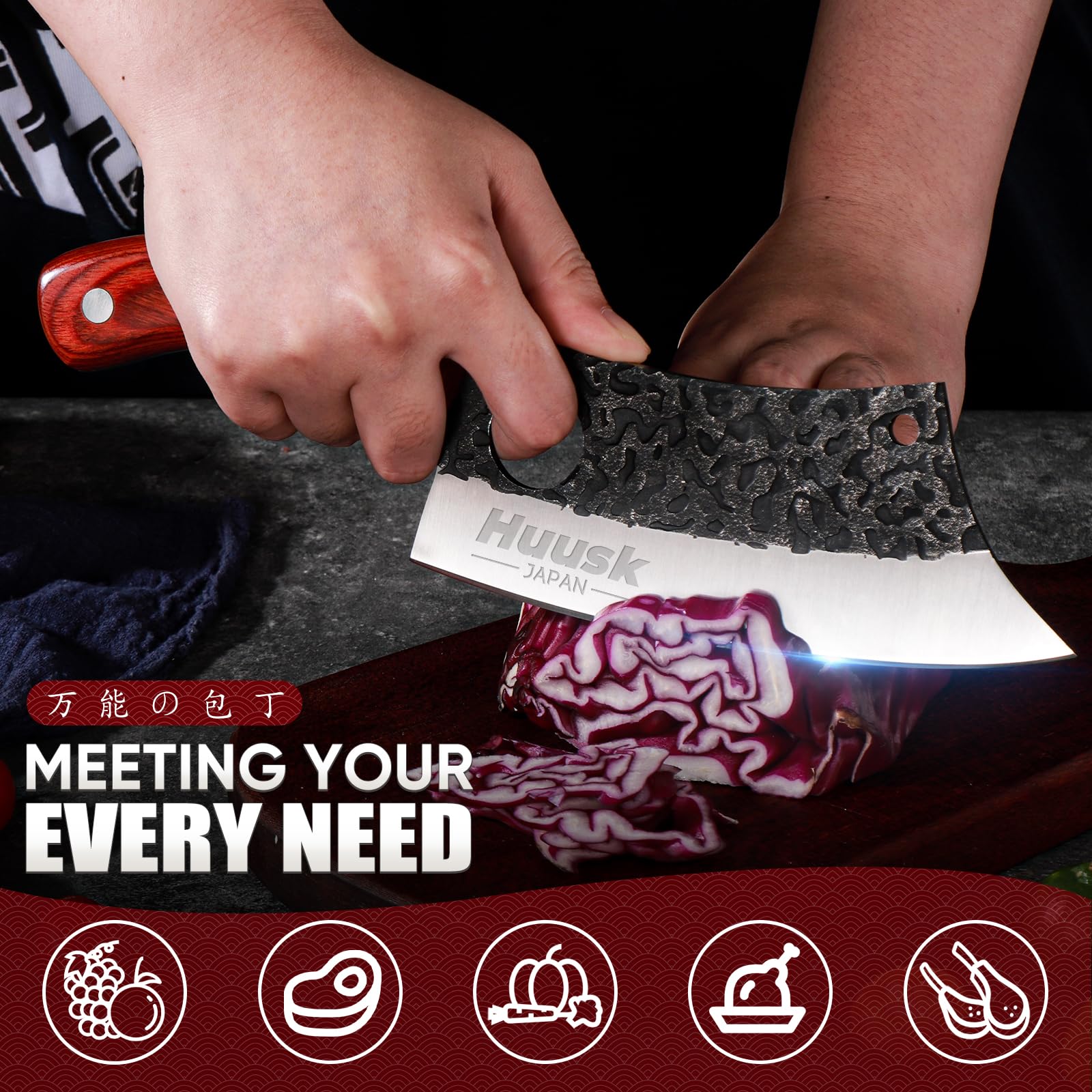 Huusk cleaver for vegetables and fish fillets, delivering steady cuts.