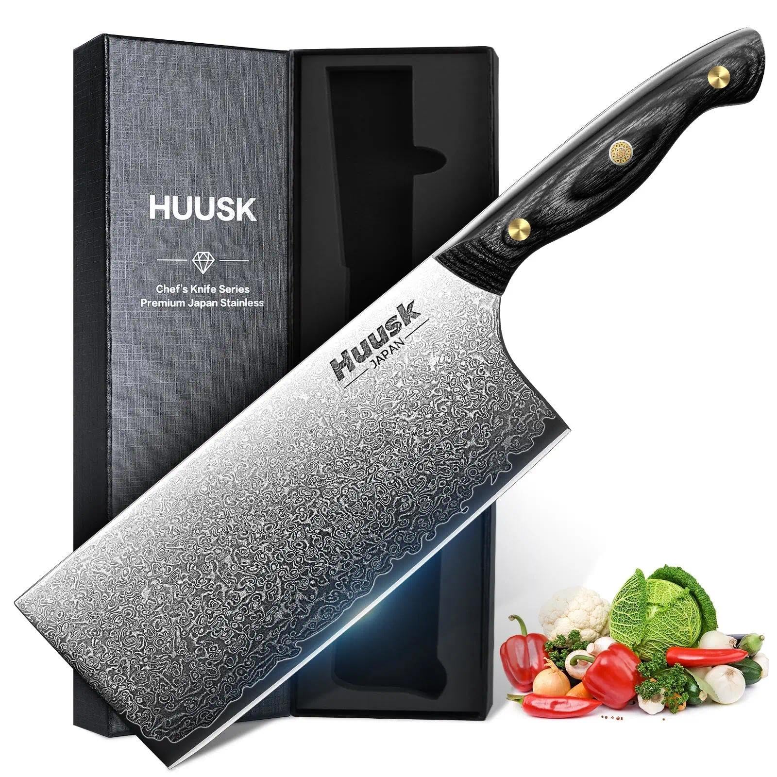 Huusk Damascus cleaver knife 7-inch blade for precise vegetable and meat prep.