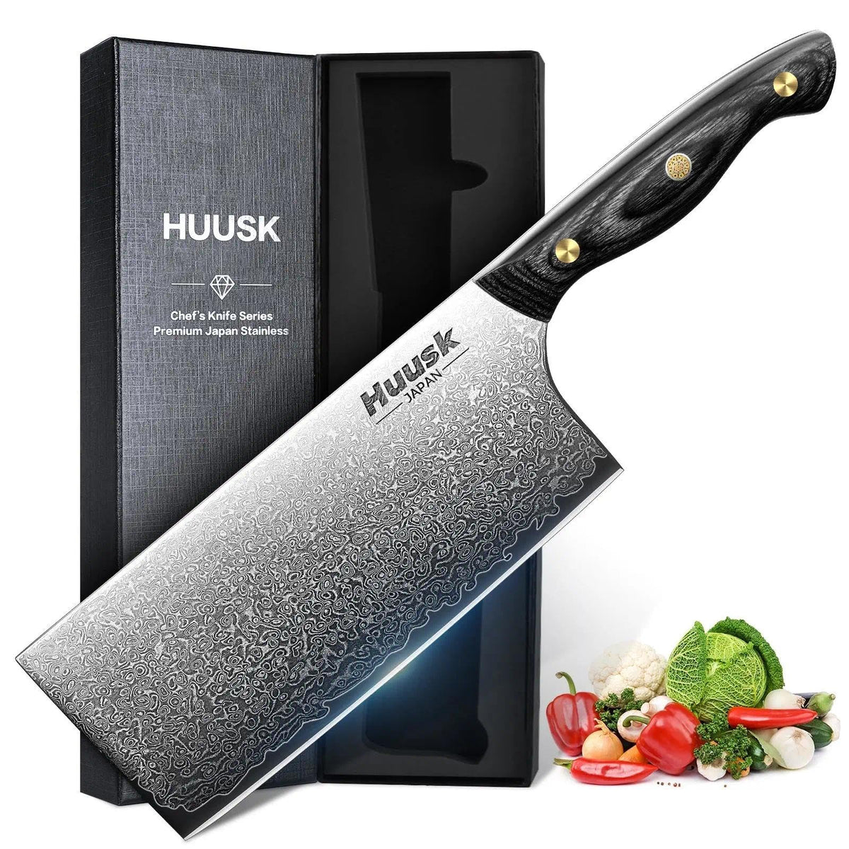 Huusk Damascus cleaver knife 7-inch blade for precise vegetable and meat prep.