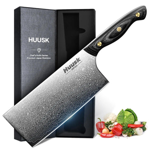 Huusk Damascus cleaver knife 7-inch blade for precise vegetable and meat prep.