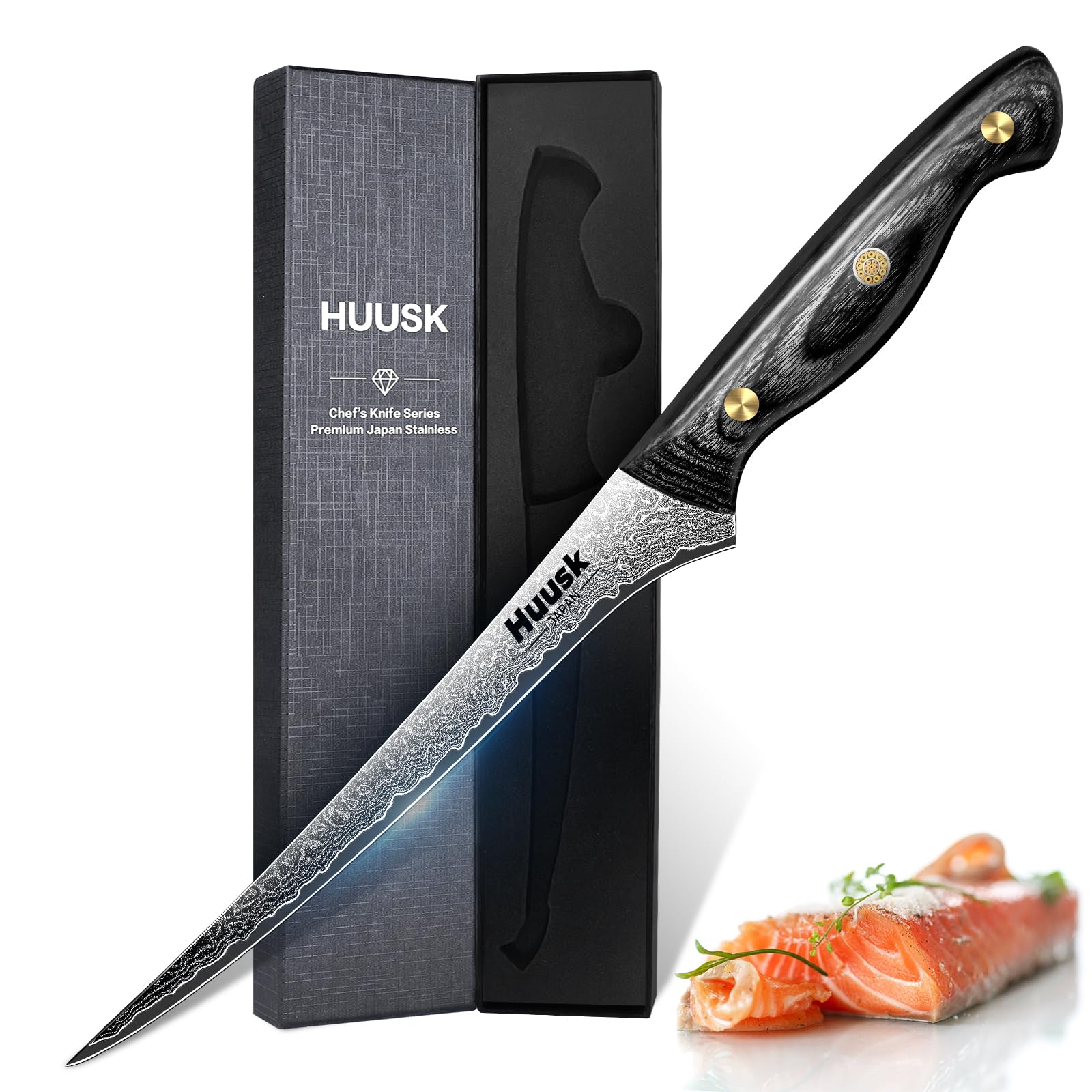 Huusk Damascus fish fillet knife 7-inch for precise seafood cuts.