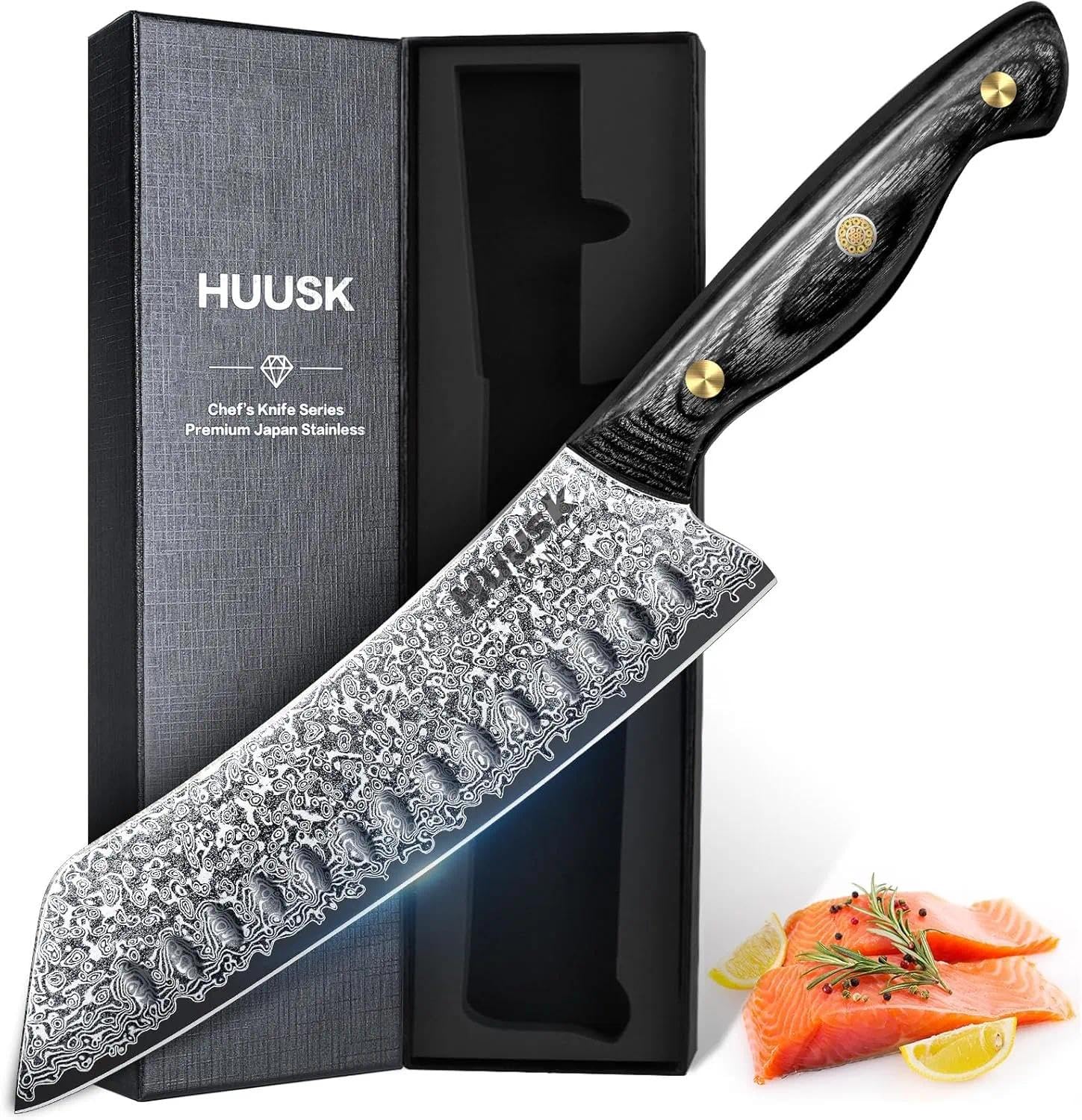 Huusk Damascus Kiritsuke Knife 7inch blade closeup for precision slicing.