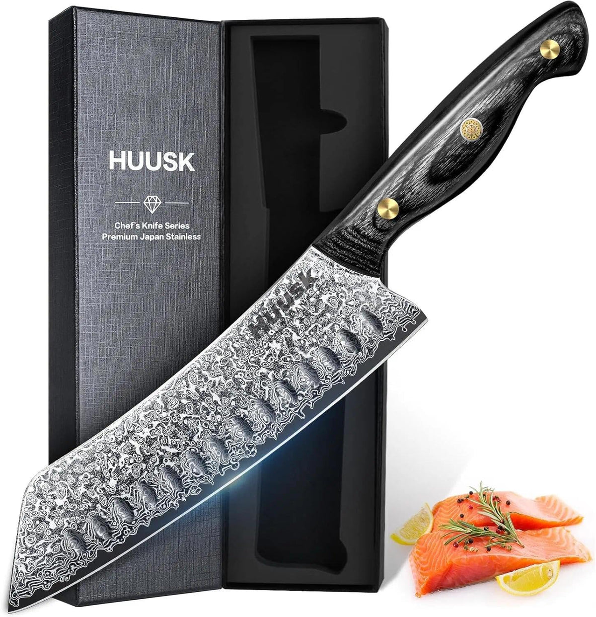 Huusk Damascus Kiritsuke Knife 7inch blade closeup for precision slicing.
