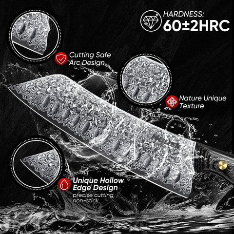 Huusk 7inch Damascus pattern showcases craftsmanship and durable steel layers.