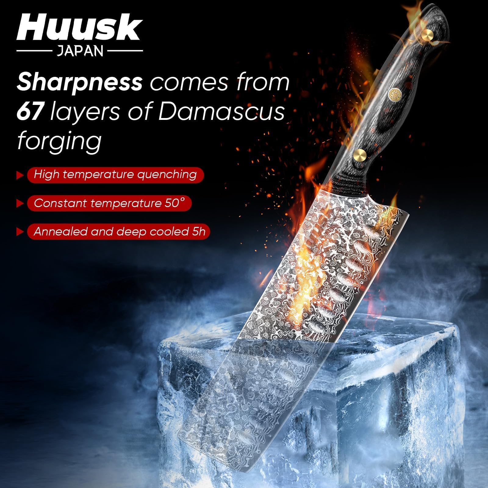 Huusk Damascus Nakiri Knife 7inch edge close-up showing sharpness