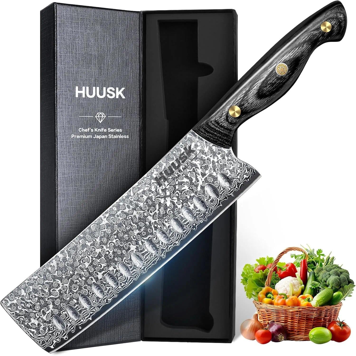 Huusk Damascus Nakiri Knife 7inch full view for precise vegetable prep