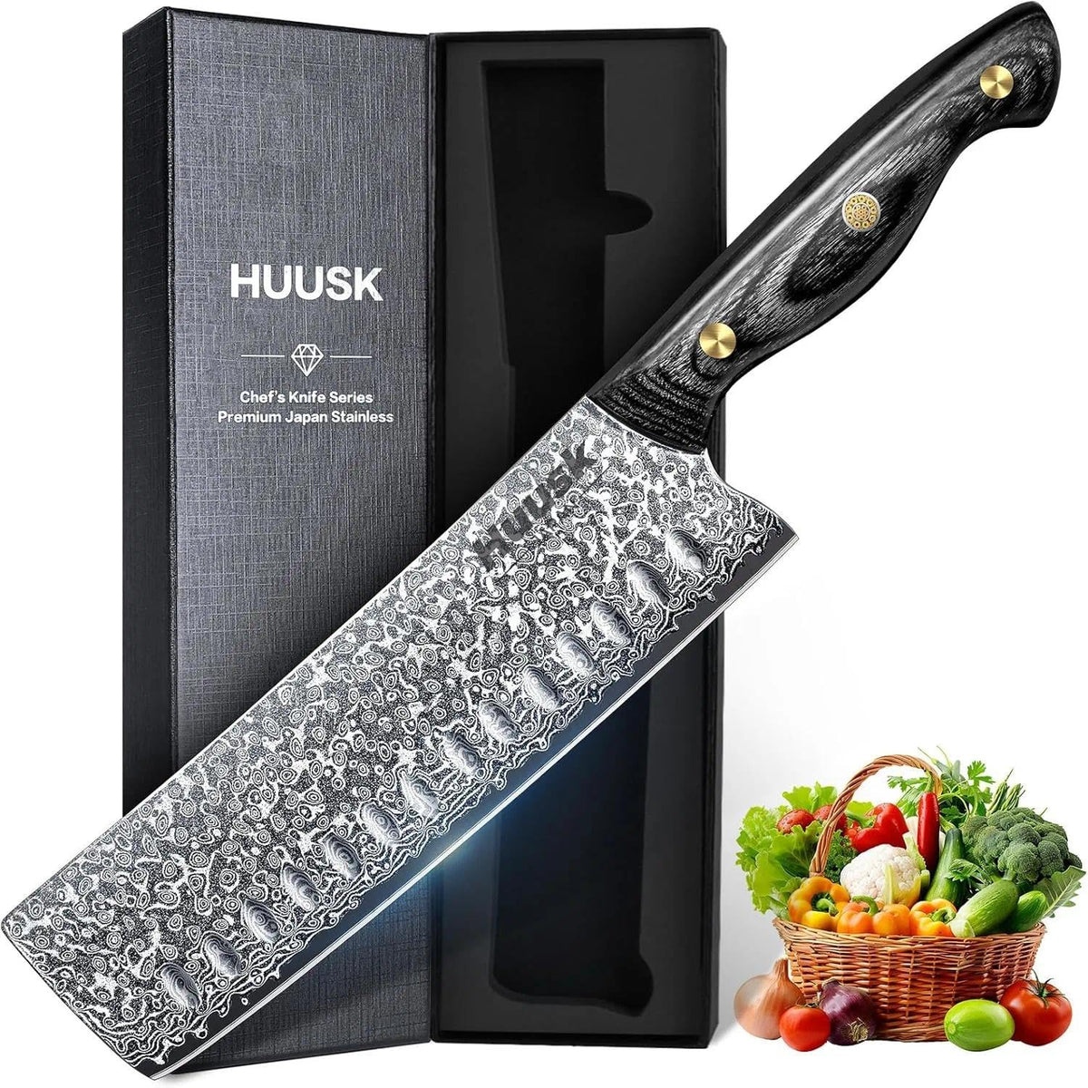 Huusk Damascus Nakiri Knife 7inch full view for precise vegetable prep