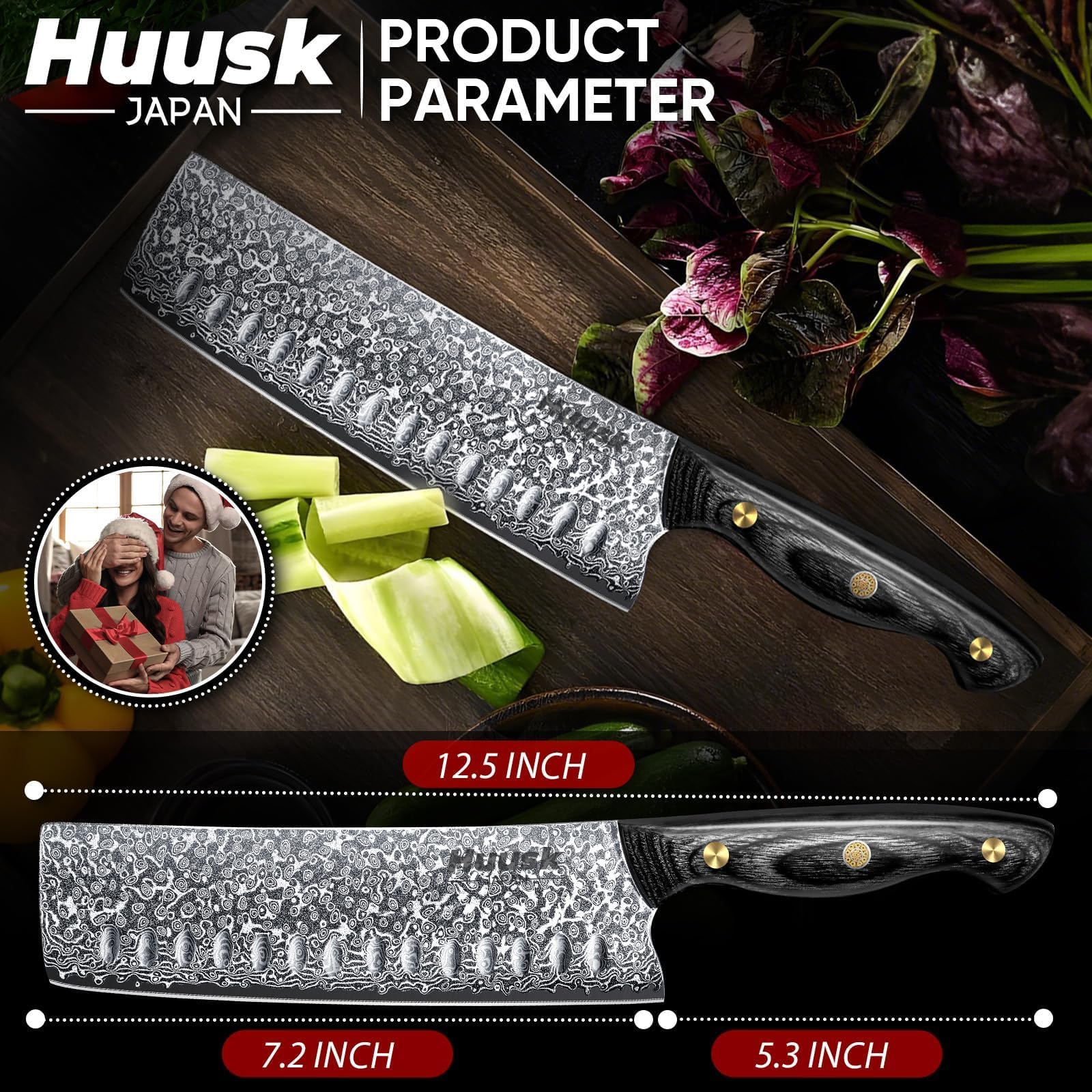 Huusk Damascus Nakiri Knife 7inch gift-ready packaging