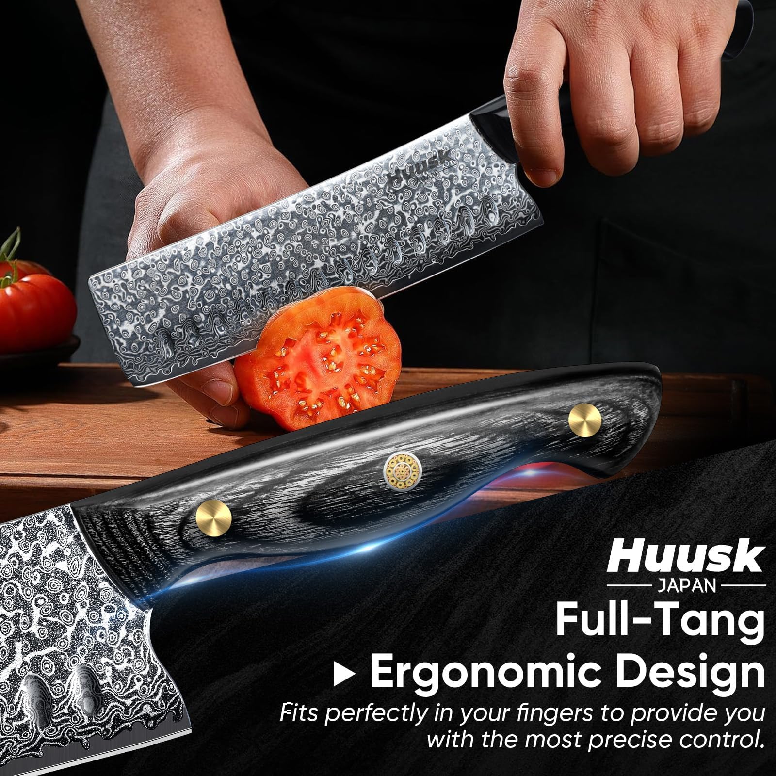 Huusk Damascus Nakiri Knife 7inch vegetable slicing with anti-stick edge