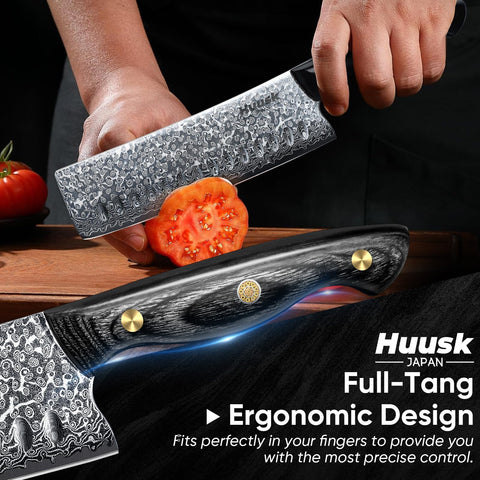 Huusk Damascus Nakiri Knife 7inch vegetable slicing with anti-stick edge