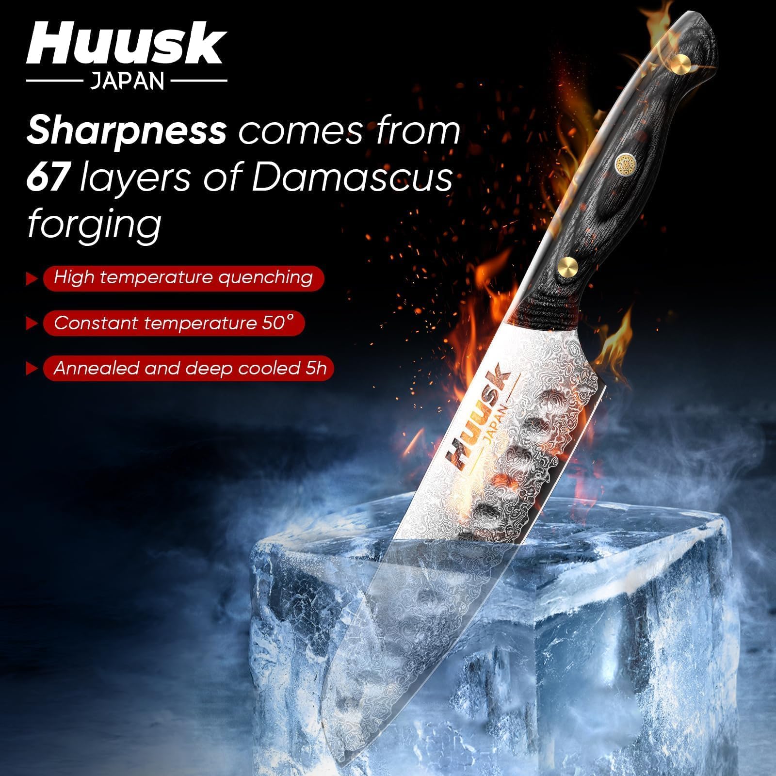 Huusk Damascus Santoku edge close-up highlighting sharpness