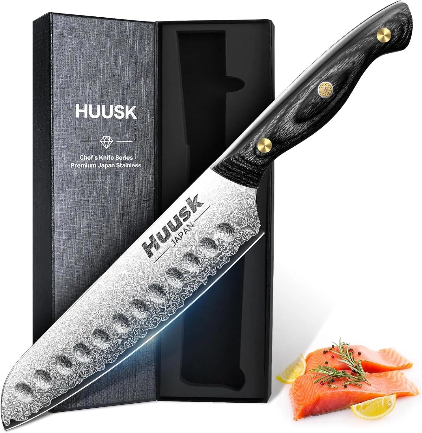 Huusk Damascus Santoku knife 7-inch front angle showing precision for slicing
