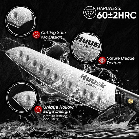 Huusk Damascus Santoku on cutting board for versatile prep