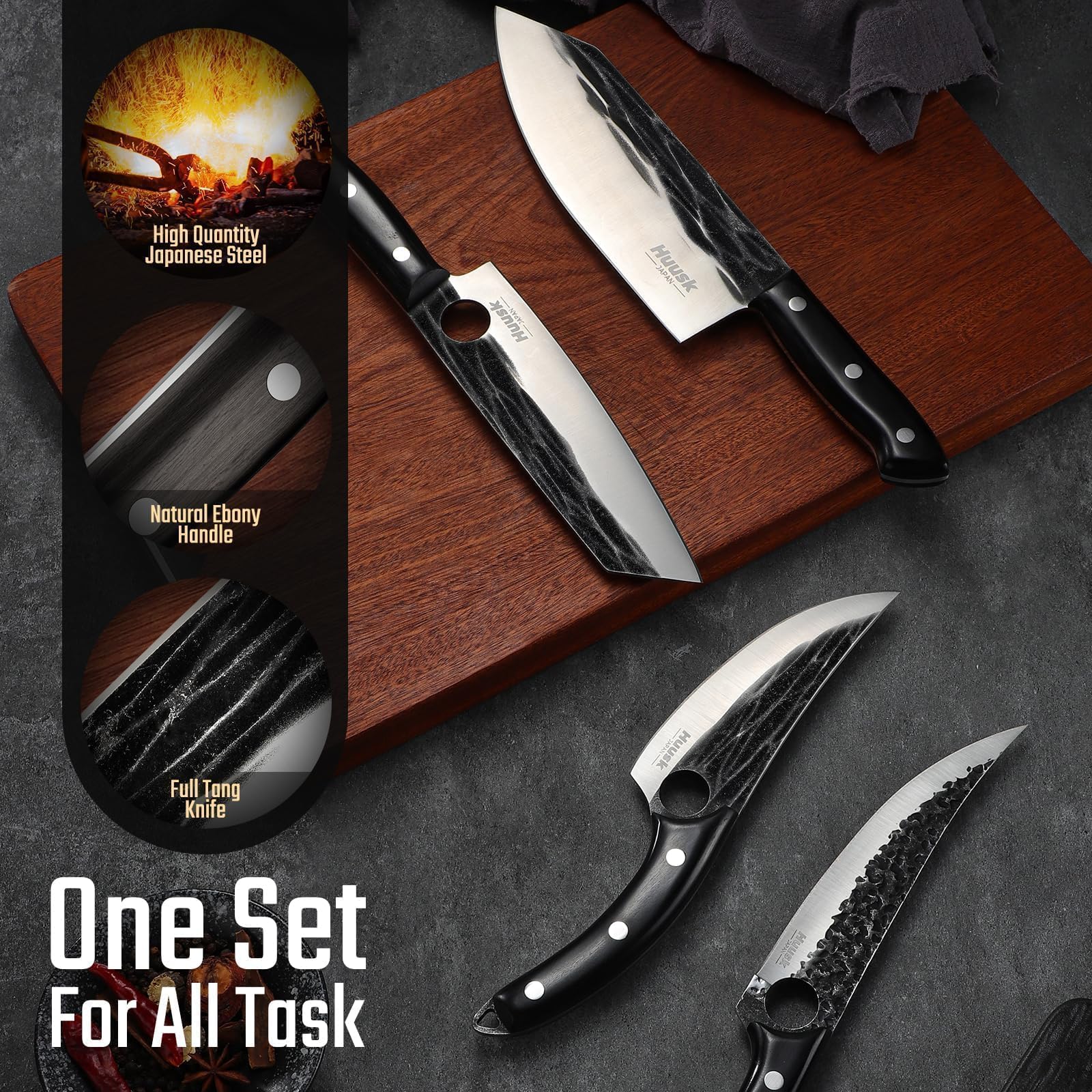 Huusk ebony handle full tang for balanced, secure grip during long prep sessions.