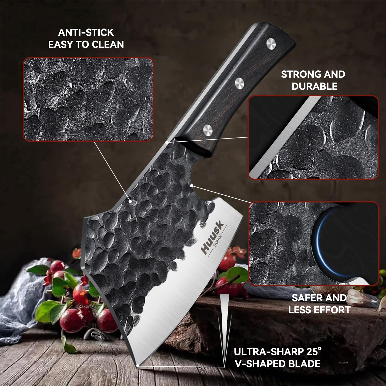 Huusk ergonomic grip enhances stability during extended kitchen use.