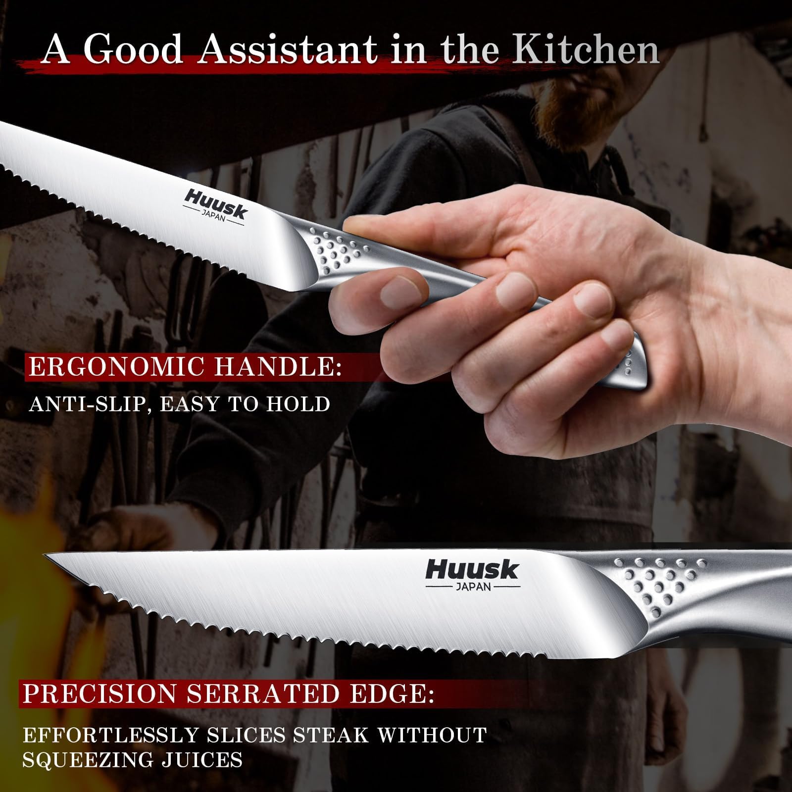 Huusk ergonomic handle offers comfortable, balanced grip during slicing.